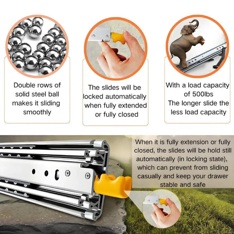 Heavy Duty Drawer Slides 500Lb Capacity With Screws Full Extension Ball Bearing Side Mount Rails Illustrated Features