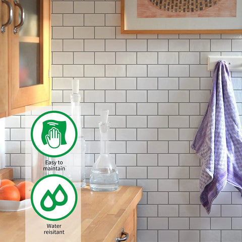 Kitchen wall with Thicker Peel And Stick Backsplash Tiles Set 12x12 White With Gray Grout Subway Tile Look, easy to maintain icons displayed.
