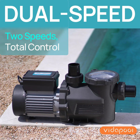 Powerhouse Dual Speed 2HP Above Ground Pool Pump With Self Priming High Flow 5200 GPH On High And 2600 GPH On Low by poolside