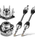 Heavy Duty Front Wheel Hub Bearing And CV Axle Shaft Assembly Kit For Chevy Trailblazer Ext Buick Rainier Envoy 4 Piece Set with detailed components.