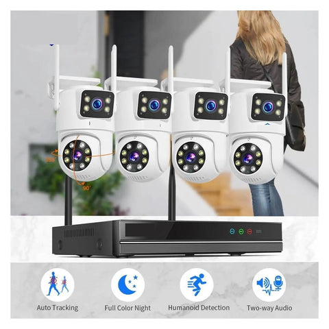 Kickass 6MP Dual Lens WiFi CCTV NVR Surveillance Camera Kit with four cameras and recording unit for outdoor security.