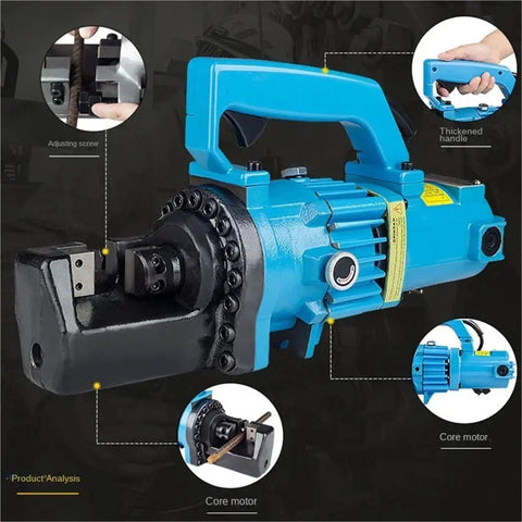 Professional Grade Electric Hydraulic Rebar Cutter Handles 4 To 25 Millimeter Steel Rods With A Pure Copper Motor And Quenched Steel Head, showing detail of the handle and adjusting screw.