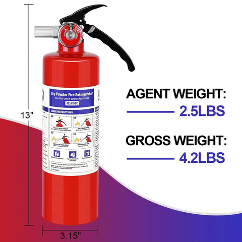 Multipurpose 2.5 Lb ABC Dry Chemical Fire Extinguisher rated 1A 10B C with instructional label and black handle.