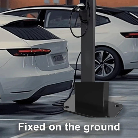 Heavy Duty Galvanized Steel Ev Charger Cover And Holder Beefs Up Your Setup While Keeping Gear Dry Weather Wicked Outdoor Box With Secure Mounting Base For Garages Or Parking Lots fixed on concrete, showing charging port and secure base.