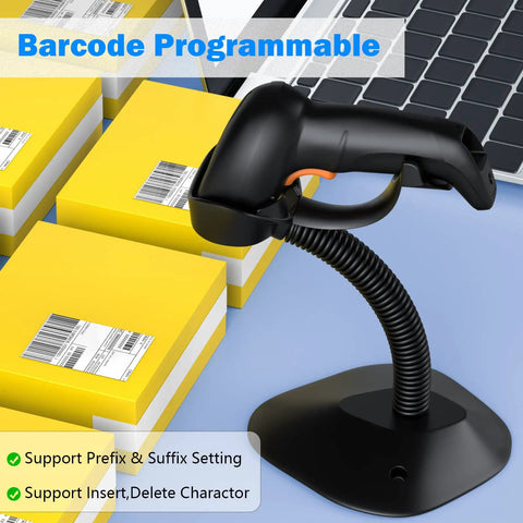 Bluetooth Wireless 2D Barcode Scanner With Auto Sensing Stand Hands Free Scanning When Placed On The Stand Battery Level Indicator And Multi Mode QR Code Reading Ideal For Retail Inventory And Point Of Sale on table next to yellow boxes.