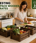 Three Pack Extra Large Rustic Wooden Crates For Display And Storage Farmhouse Style Nesting Boxes used in kitchen with vegetables
