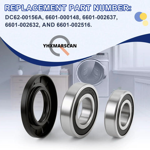 Washer Bearing And Seal Revival Kit Compatible With Samsung DC62-00156A 6601-002632 6601-002516 shown with black and silver bearings.