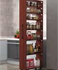 Seven Tier Narrow Rolling Cart With Slick Casters Fits Snug In Tight Kitchen Corners, tall wooden storage rack with jars.