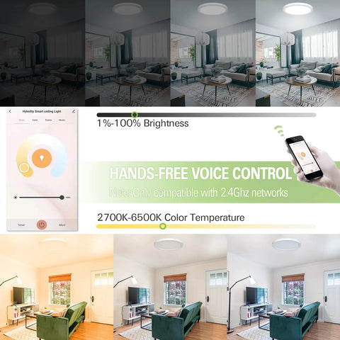 Smart LED Flush Mount Ceiling Light Fixture with RGB Backlit Ambient Lighting and Tunable White 3000K to 6500K, 24W, 12 Inch in living room with app controls and voice control with Alexa and Google Home, compatible with Smart Life and Tuya.