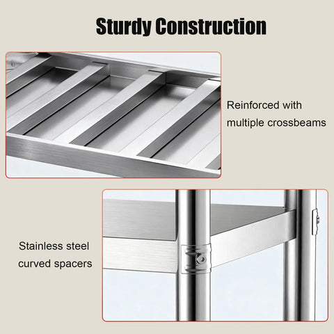Sturdy construction showing reinforced stainless steel frame and curved spacers of Solid Three Tier Stainless Steel Prep Table Commercial Kitchen Shelving Unit Rust Resistant Workbench No Sweat Cleanup Station For Restaurants Homes And Garages Real Deal Food Prep Beast.