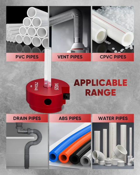 2-Inch PVC Pipe Reamer Kit showing applicable use on PVC, vent, CPVC, drain, ABS, and water pipes for plumbing repairs