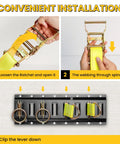 E Track Tie Down Rail Kit 31 Piece Set With Complete Heavy Duty Trailer Rig Hardware showing ratchet strap installation steps.