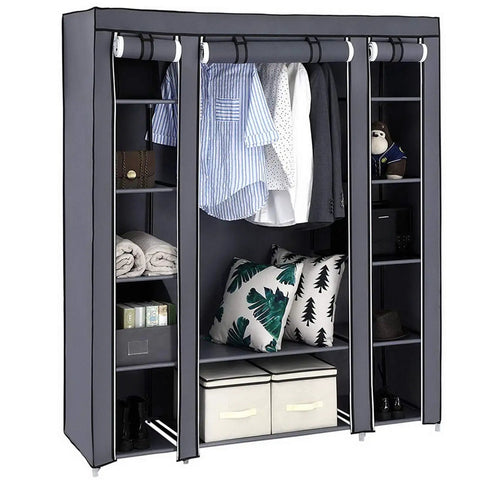 Heavy Hitter Portable Closet Wardrobe Organizer With Slick Nonwoven Fabric Cover And Beefy Steel Frame Built Solid For No Sweat Roomy Storage Shelves And Long Hanging Rod In Soft Gray showing hanging clothes and shelves filled.