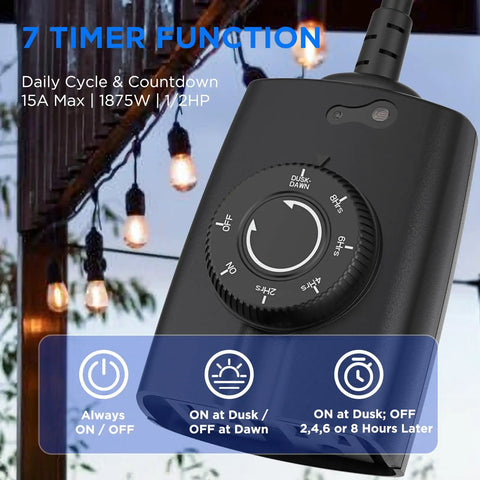 Built Tough Outdoor Dusk To Dawn Sensor Timer With Two Grounded Outlets Weather Resistant 15 Amp Socket Adapter showing 7 timer functions.