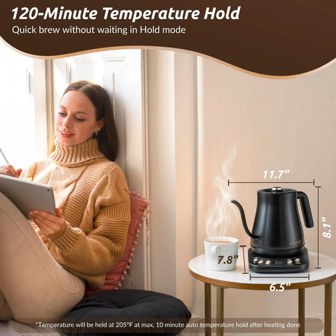 Gooseneck Electric Kettle 1L With Six Temperature Presets, 1200W Fast Heating, Auto Shut-Off, Keep-Warm, Matte Black on table near woman