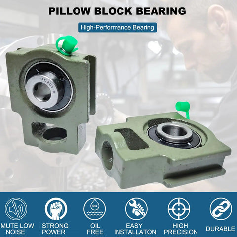 Two Pack Half Inch Take Up Pillow Block Bearings With Heavy Duty Cast Housing And Self Aligning Chrome Steel Insert Units For Straightforward Install. Close-up view showing chrome steel insert and green safety cap.