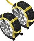 Heavy Duty Tow Dolly Basket Straps Two Pack With Flat Steel Hooks For 15 To 19 Inch Car Tires, securing large tires with straps.