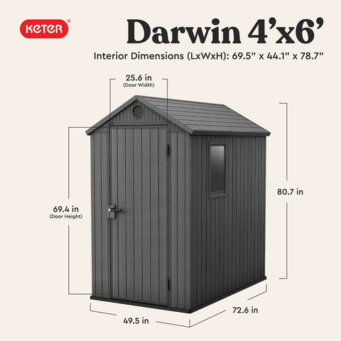 Lockable Resin Outdoor Storage Shed Graphite Gray Four By Six Feet Weather Resistant with dimensions for patio garden gear.