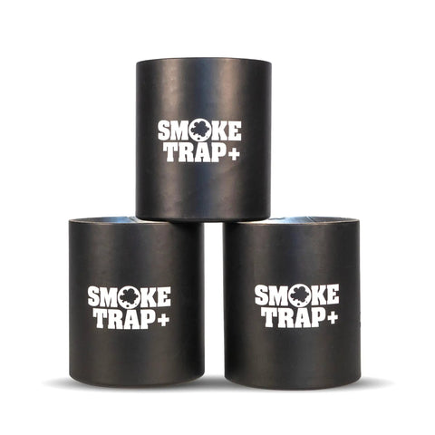 Stack of three black Replaceable Filter Cartridges For Smoke Trap Set With Four Stage HEPA And Activated Coconut Carbon To Eliminate Smoke And Odor Zero Plastic Waste Long Lasting 500 Plus Exhales Easy Swap Maximum Airflow During Exhale Eco Friendly Filtration