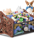 Spacious Wood Dog Toy Basket And Storage Bin For Pets Large Toy Box Keeps Living Room Clean Like A Boss With 10 Gallon Capacity Ideal For Dogs Cats Indoors Or Outdoors, showing brown basket filled with pet toys next to a dog.