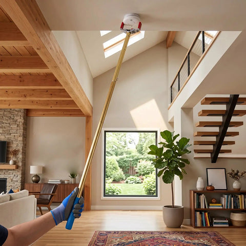 Nix The Step Ladder High Ceiling Smoke Detector Removal Tool Aluminum Telescoping Pole extends to reach a smoke alarm in a high ceiling.
