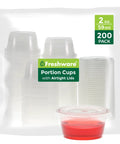 Heavy Duty 2 Oz Disposable Portion Cups With Airtight Lids Bulk 200 Piece Grab Bag displayed with red jello in a cup.