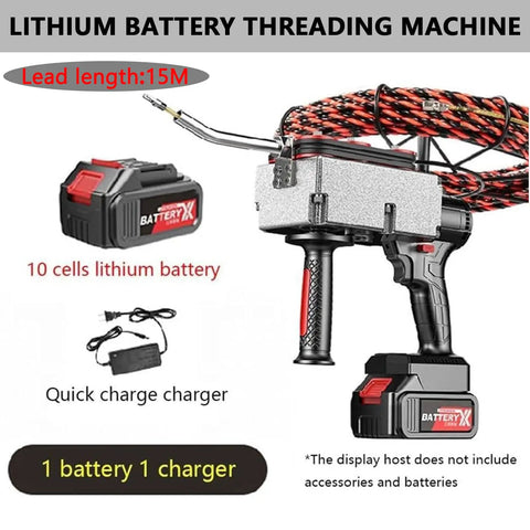 Built Tough Electric Wire Puller Machine With Automatic Conduit Threading, 15M lead length, lithium battery, and charger included.