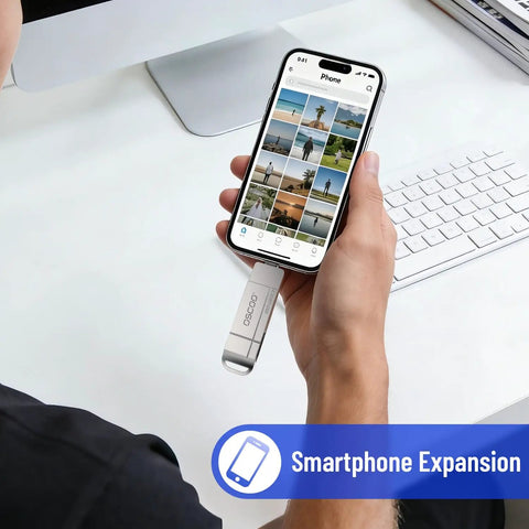 Person using Ultra Fast Dual USB C USB A Flash Drive 128GB With Five Hundred Fifty Megabytes Per Second Transfer A Go To 2 In 1 Thumb Drive with iPhone