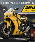 Heavy Duty 1 Inch By 10 Foot Retractable Ratchet Straps Set With Soft Loop Handles securing motorcycle on truck bed