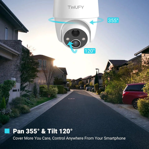 Solar Powered Outdoor Security Camera Kit With 2 4GHz WiFi 360 Degree PTZ Spotlight And Siren mounted on residential property.