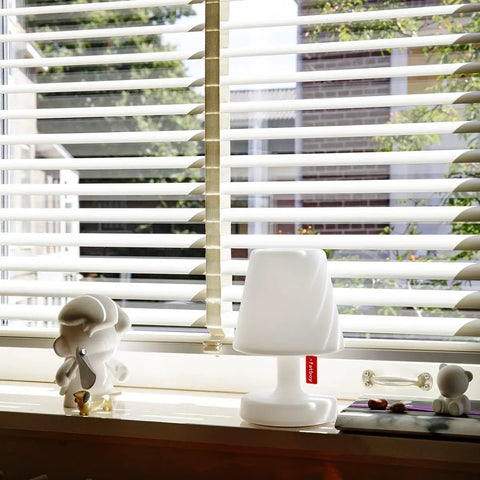 Tiny Rechargeable LED Lamp 2.0 Go Anywhere Dimmable Table Light on windowsill, white, USB rechargeable, indoor use.