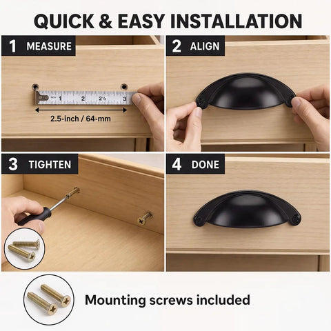 Twelve Pack 2.5 Inch Matte Black Cup Pull Cabinet Handles Built Tough Zinc Alloy Drawer Hardware shown in installation steps.