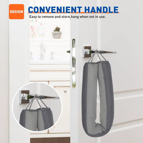 Heavy Duty Triangular Under Door Draft Stopper Works Like A Charm By Plugging Cold Drafts And Road Noise With A Weighted Core That Slides Right Into Place On Any Surface In Cool Gray with convenient handle for easy storage.
