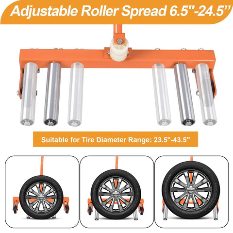 Heavy Duty Truck Wheel Dolly Featuring Rock Solid Greaseless Bearings And Fully Adjustable Height Platform To Roll Massive Tires Smoothly Without The Hustle On Any Shop Floor with adjustable roller spread.