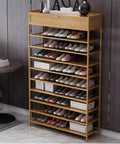 Vertical Shoe Rack With Reinforced Top Storage Box For Entryway Closet And Hallway Slim Space Saving Organizer Holds Up To 45 Pairs Of Kicks featuring nine shelves and a wooden frame.
