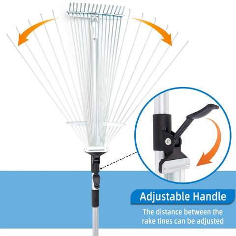 Two Pack Adjustable Yard Rake Set With 63-Inch 15-Tine Big Rake And 30-Inch 9-Tine Small Rake, showing adjustable handle feature