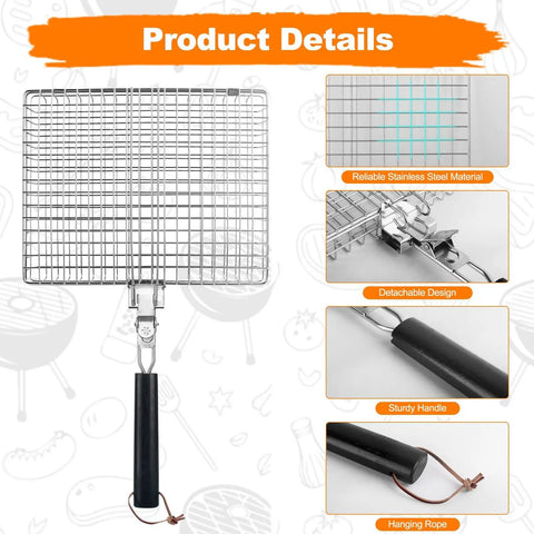 Outdoor Grill Basket For Barbecue Lovers With Removable Handle Portable BBQ Set visible with stainless steel and handle details
