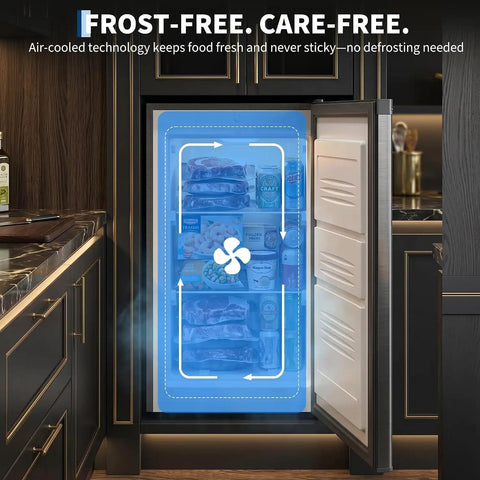 Built Tough 3.1 Cu Ft Upright Freezer Freestanding Deep Chill Unit With Reliable Dial Thermostat open showing air-cooled technology.