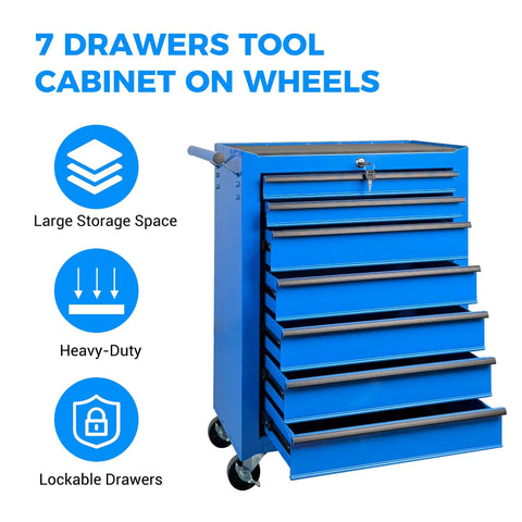Rock Solid Rolling Tool Chest With Seven Smooth Ball Bearing Drawers And Heavy Duty Swivel Casters Built To Handle The Everyday Grind For Zero Sweat Garage Organization In Deep Blue with seven drawers.