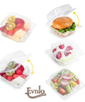 100 Count Clear Thickened Plastic Food Containers With Lids Clamshell Takeout Boxes displaying cake slices, burgers, and salads