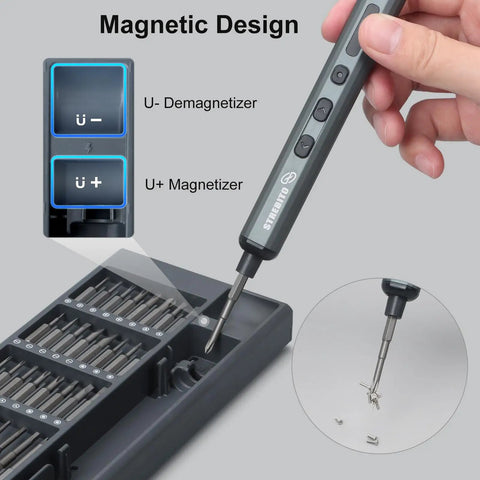 Badass Mini Electric Screwdriver Set With 70 Precision Bits And Five Variable Torque Settings For Delicate Gadget Repair And Heavy Duty Household Jobs That Are Super Tight And Ridiculously Reliable, featuring magnetic design and demagnetizer.