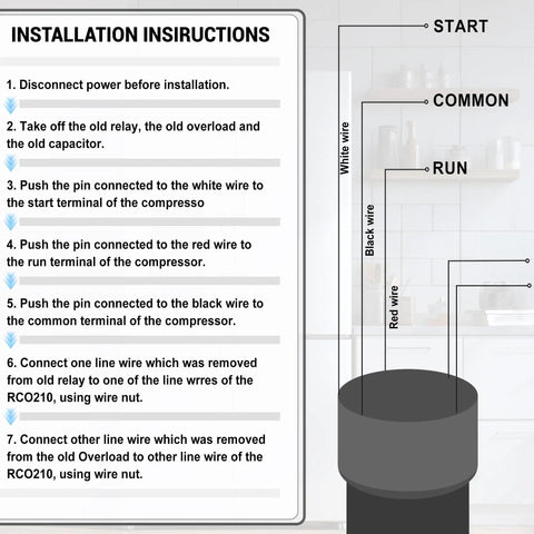 Installation instructions for 2 Pack Rco210 3 In 1 Hard Start Capacitor Kit For 1 3 To 1 2 Hp Systems with wiring details.
