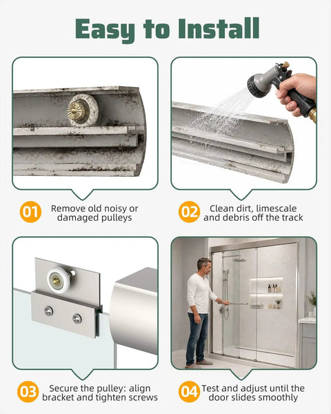 Easy to install instructions for Solid as a Rock Sliding Shower Door Roller Replacement with 19mm Nylon Wheels and Rust Proof Brass Shaft.