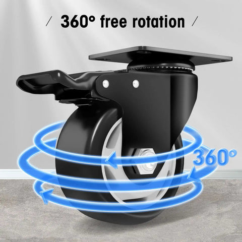 Built Tough 3 Inch Swivel Plate Casters With Secure Wheel Brakes And Smooth Double Ball Bearings showing 360° free rotation of the wheel.
