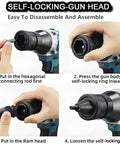 Self-locking gun head assembly for Top Tier Cordless Rivet Gun With Dual 26V Lithium Batteries And Seven Swap Out Tips.