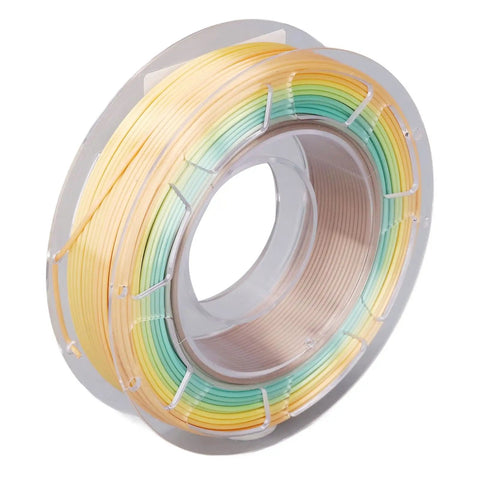 Silk Shiny PLA Filament 1.75Mm, 200G Spool with a glossy yellow and green color gradient on transparent spool.