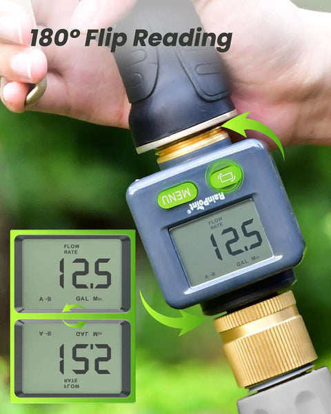 Person adjusting Brass Inlet And Outlet Water Flow Meter With 180 Degree Screen Flip for garden hose nozzle