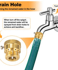 Close-up of Three Quarter Inch Solid Brass Garden Hose Connection Vacuum Breaker Backflow Preventer Kit attached to spigot, showing drain hole function and water flow prevention.