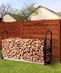 Outdoor Heavy Duty Firewood Log Rack Kit With Adjustable Bracket storing wood against a wooden fence, black powder coated steel, 42 inch tall