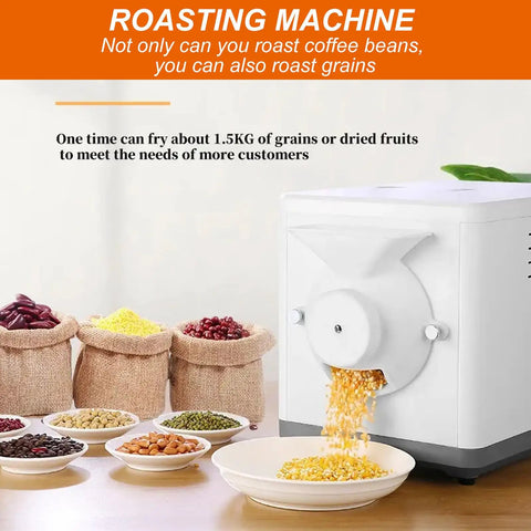 Heavy Duty 1600 Watt Electric Coffee Bean Roaster With Automatic 360 Degree Drum Rotation And Smooth Heat Control, featuring a white design and 1.5kg drum.